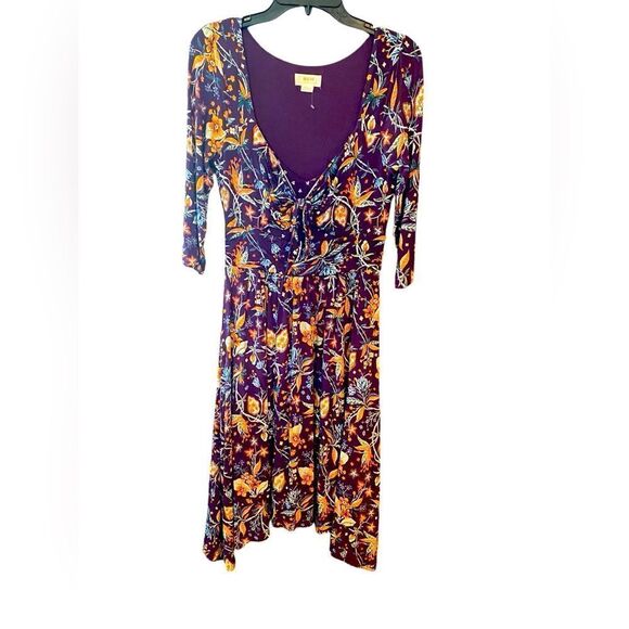 Maeve Sz M Purple Cottagecore Front Tie Boho Gypsy Vibe Rayon Stretch Midi Dress - Picture 1 of 8